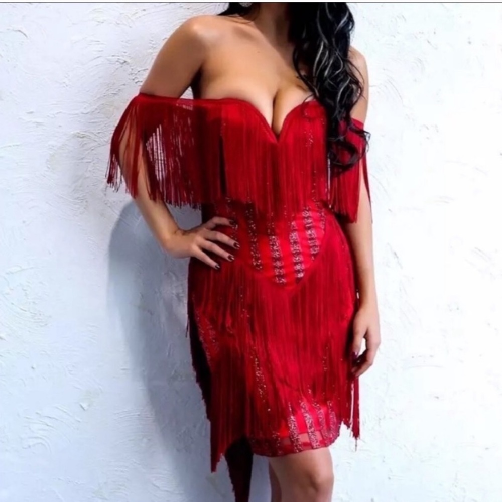 Lovefool Red Bardot Fringe Glitter Midi Dress